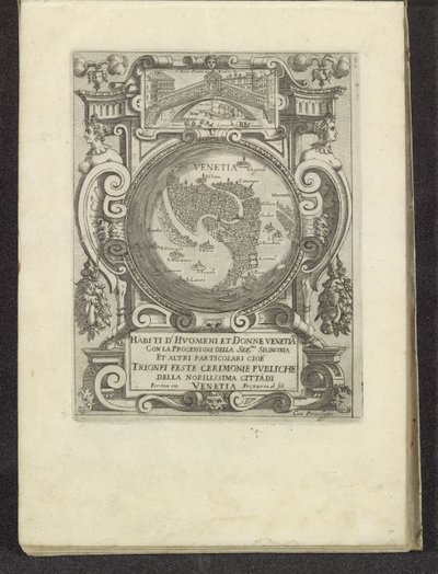 Titleprint met plattegrond van Venetië Scenes uit het Venetiaanse leven (シリーズタイトル) Habiti d