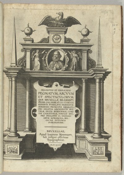 1594 年にブリュッセルでオランダ総督としてエルンスト大公が就任したことを説明するためのタイトル プリント 作： Anonymous
