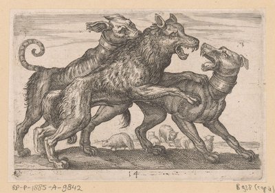 オオカミと戦う 2 匹の犬 戦う動物（コピー）（シリーズタイトル） 作： Anonymous