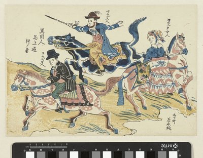 馬に乗った二人の男と女 異国人馬場優子の図 外国人乗車イメージ 作： Anonymous