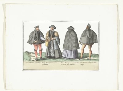 アントワープとブラバントでファッションに合わせて着飾った 2 人の男性と 2 人の女性、1580 年頃 Costumes Civils des Pays-Bas (オブジェクトのタイトル) 作： Anonymous