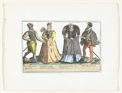 オランダのファッションに合わせて着飾った 2 人の男性と 2 人の女性、1580 年頃 Costumes Civils des Pays-Bas (オブジェクトのタイトル) 作： Anonymous