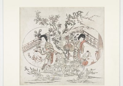 2 つの部分からなる版画。左の夏はアイリスとマルス、右の冬は水仙とプルナス (新年の版画) 作： Anonymous