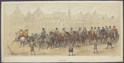 ユトレヒトの仮面舞踏会、プレート a: 貴族、1856 年 貴族。 (オブジェクトのタイトル) オランダ自由の創設者 (ウィリアム 1 世の時代) Utrechtsche Hoogeの220周年を記念して、ユトレヒト学生隊のメンバー 作： Anonymous