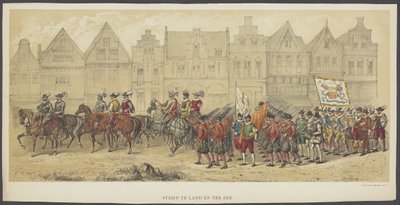 ユトレヒトの仮面舞踏会、プレート b: 陸と海の戦い、1856 年 陸と海の戦い（オブジェクト上のタイトル） オランダ自由の創設者 (ウィリアム 1 世の時代) 220周年を記念して、ユトレヒト学生隊のメンバー 作： Anonymous
