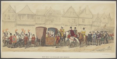 ユトレヒトの仮面舞踏会、プレート e: 法廷、1856 年 ウィレム デン エールステの裁判所 (オブジェクトのタイトル) オランダ自由の創設者 (ウィリアム 1 世の時代) 220周年を記念して、ユトレヒト学生隊のメンバー 作： Anonymous