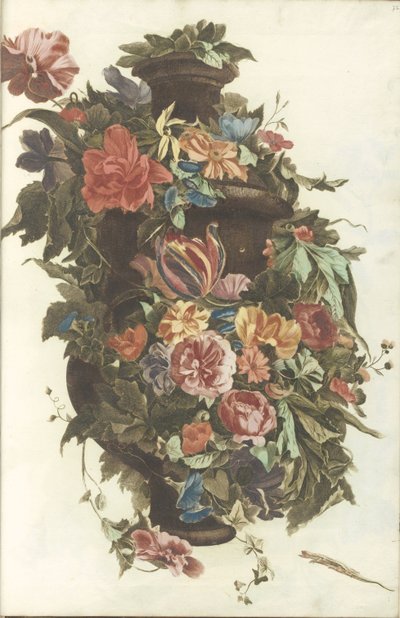 花の花輪に囲まれた花瓶 作： Anonymous