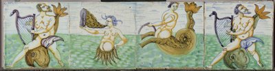 海の生き物が描かれた 4 つのタイルのフィールド 作： Anonymous