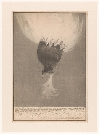 Verongelukken van de luchtballon van Pilatre de Rozier en Romain boven ブローニュ、1785 年 6 月 15 日 1783 年 11 月 21 日にラ ミュエット城で、1784 年に政府から多額の資金を得て、ピラトル ド ロジエとロマンによって破壊された昇天 作： Anonymous
