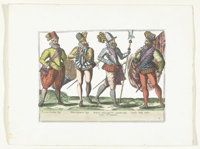 制服を着た 4 人のスペイン兵、1580 年頃 コスチューム ミリテール エスパニョール (オブジェクトのタイトル) 作： Anonymous