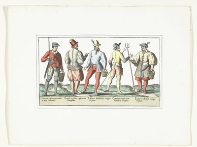 1580 年頃、現在のファッションに合わせて服を着た 4 人の農民と、古いファッションに合わせて 1 人の農民 Modes rustiques (オブジェクトのタイトル) 作： Anonymous