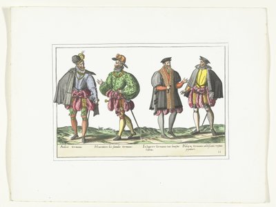ドイツのファッションに合わせて着飾った 4 人の男性、1580 年頃 衣装アルマン (オブジェクトのタイトル) 作： Anonymous