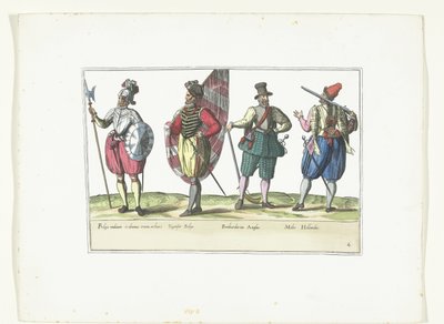 オランダとイギリスの流行に合わせた制服を着た 4 人の兵士、1580 年頃 コスチューム Militaires des Pays-Bas (オブジェクトのタイトル) 作： Anonymous