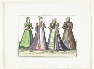 1580 年頃、アウグスブルクでドイツのファッションに合わせて服を着た 4 人の女性 コスチューム アルマン (オブジェクトのタイトル) 作： Anonymous