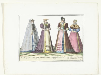 ドイツのファッションに合わせて着飾った 4 人の女性、フランクフルト、1580 年頃 衣装アルマン (オブジェクトのタイトル) 作： Anonymous