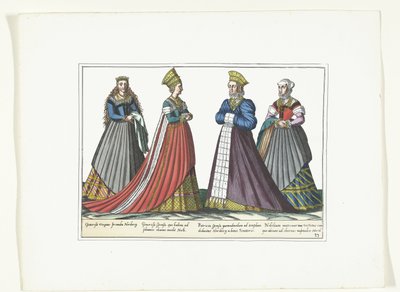 1580 年頃、ニュルンベルクでドイツのファッションに合わせて服を着た 4 人の女性 コスチューム アルマン (オブジェクトのタイトル) 作： Anonymous