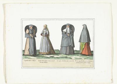 アントワープ、ブラバント、スヘルトーヘンボスでファッションに合わせて着飾った 4 人の女性、1580 年頃 Costumes Civils des Pays-Bas (オブジェクトのタイトル) 作： Anonymous