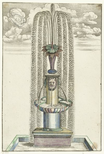 四角い台座に柱のある四角い水盤 Architectura Curiosa Nova (シリーズタイトル) 作： Anonymous