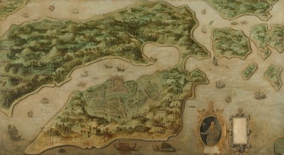 アンボンの眺め アンボンの鳥瞰図、カルトゥーシュのフレデリック ハウトマン (1571-1627) の肖像 作： Anonymous