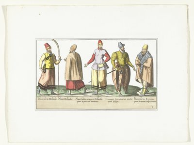 オランダとブルターニュのファッションに合わせて着飾った 5 人の船員、1580 年頃 海兵隊の衣装 (オブジェクトのタイトル) 作： Anonymous