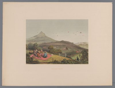 日本の丘陵地での凧揚げ Lutte de cerf-flounces (オブジェクトのタイトル) 日本の記念品 自然の風景 avec texte par le comte de Lijnden (シリーズ タイトル) 作： Anonymous