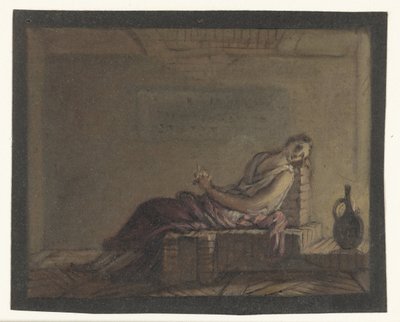 独房でベッドに座っている女性 作： Anonymous