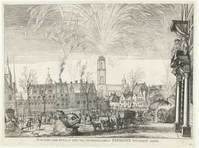 Vuurwerk; incht van Ferdinand te Gent、1635 年 (no. 41) 立ち上がれ、空に燃える炎を眺めるフェルナンディの愛が燃え上がる ヒッポドロームと塔の夜の火事の写真 作： Anonymous