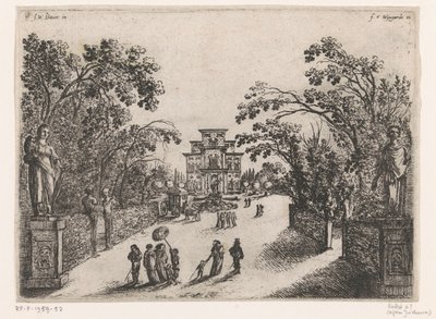 公園を歩く人々、背景にカントリーハウス 作： Anonymous