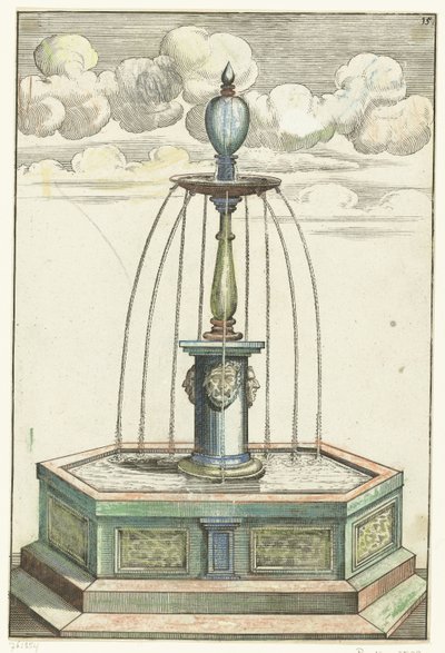 柱が短い六角形の水盤 Architectura Curiosa Nova (シリーズタイトル) 作： Anonymous
