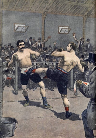 フランスのチャンピオン、ジョセフ・シャルルモン（1839-1918）がジェリー・ディスクロールに "サバット "で勝利したことを、1899年の『ル・プチジャーナル』誌に掲載。 作： Anonymous Anonymous