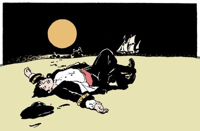 海賊に殺された船長は島に捨てられ、海賊船は水平線上に遠ざかっていく イラストレーション（「The Boys Books of Pirates」より 1913年 作： Anonymous Anonymous