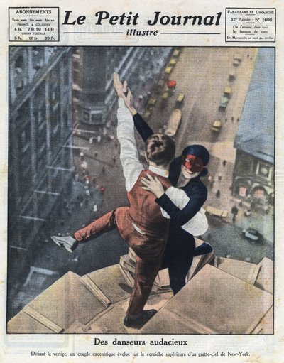ニューヨークの摩天楼の上で進化するエクストリーム・ダンサーのカップル。イラストは1921年8月21日の「Le petit journal illustré」から引用。個人蔵 作： Anonymous Anonymous