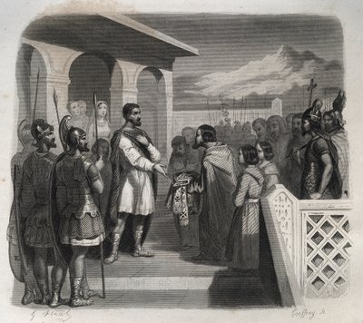 クレルモン市の代表団が聖シドヌ・アポリナール（Caius Sollius Apollinaris Sidonius）政治家、前夜祭、ガロ・ロマン作家（430-486年）に司教職を与える。1846年の「Lives of the saints」に掲載されているエングレーヴィング。個人蔵。 作： Anonymous Anonymous