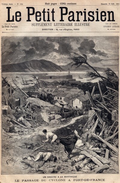 マルティニークの災害：1891年のFort-de-France（フランス砦）でのサイクロンの通過。1891年8月の "Le petit Parisien "に掲載されたエングレーヴィング。個人蔵。 作： Anonymous Anonymous
