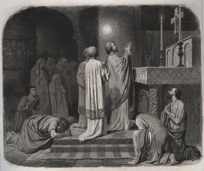 作業中のサン・マルタン・エヴェク・ド・トゥール（316-397）の上に火球が見える。1846年の「Lives of the saints」に掲載されたエングレーヴィング。個人蔵。 作： Anonymous Anonymous