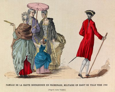 歩くハイブルジョワジー一家とタウンドレスを着た兵士（1760年、ルイ15世の時代） - 個人蔵 作： Anonymous Anonymous