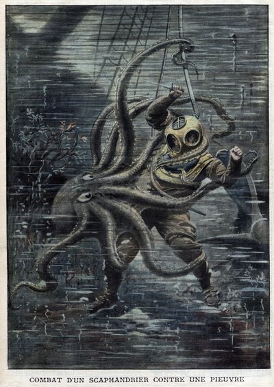 巨大なタコがアメリカ人ダイバーのマーティン・ルンドを克服することにほぼ成功した - A Giant Octopus Attacks American Diver Martin Lund - Battle of Scaphandrier Against an Octopus - "The Petity Journal" 作： Anonymous Anonymous