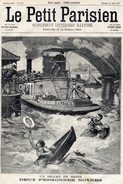 セーヌ川での事故：溺れたボートに2人が乗っている。1897年04月25日の "Le Petit Parisien "にて。 作： Anonymous Anonymous