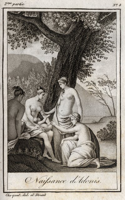 アドニスの誕生。チャールズ・アルベール・ドゥムスティエ（1760-1801）の『Lettres a Emilie sur la mythologie』に掲載された1819年のエングレーヴィング。個人蔵。 作： Anonymous Anonymous