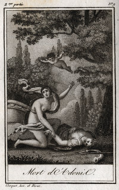 アドニスの死。Charles Albert Demoustier (1760-1801)の「Lettres a Emilie sur la mythologie」に掲載された1819年の版画。個人蔵。 作： Anonymous Anonymous