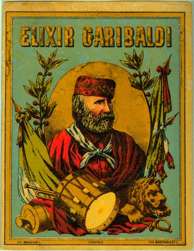 イタリアの愛国者の肖像が描かれた「Elixir Garibaldi」の広告 作： Anonymous Anonymous