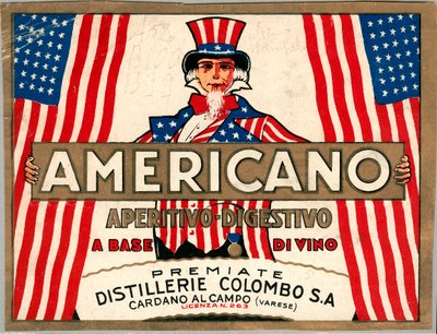 イタリアのショートドリンク「アメリカーノ」の広告で、アメリカを擬人化したアンクルサムが描かれている。 作： Anonymous Anonymous