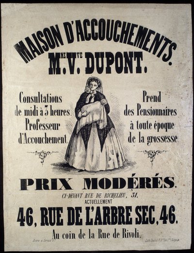 1850年、パリの出産施設（マタニティ）の広告。Madame Dupont, low prices at 46 rue de l