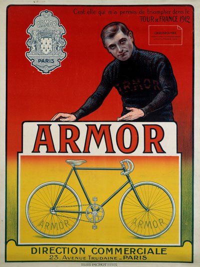 1912年のツール・ド・フランスでステージ3勝、総合2位を獲得したサイクリスト、ユージン・クリストフ（1885-1970）が描かれた自転車「アーマー」の広告ポスター。"1912年のツール・ド・フランス（20世紀後半）で私を勝利に導いてくれたのは彼女です。 作： Anonymous Anonymous