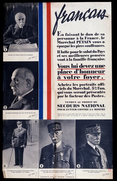第二次世界大戦中のフィリップ・ペタン元帥の肖像画を販売し、ペタンを賞賛する広告ポスター（貧困対策のための国家的救済のために販売される 作： Anonymous Anonymous
