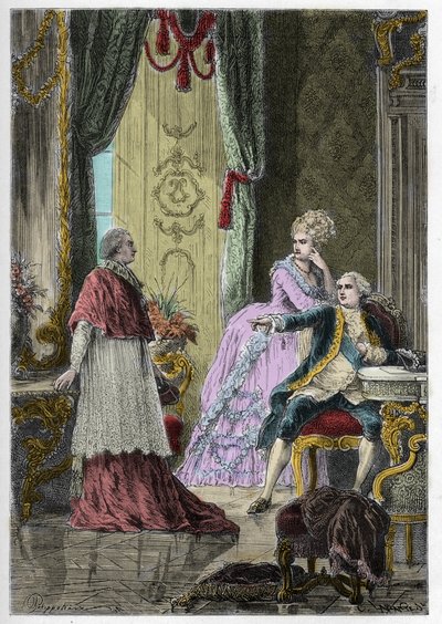 王妃の首飾り事件（1785-1786年）。ルイ16世（1754-1793）と王妃マリー・アントワネット（1755-1793）の前で、ルイ・ルネ・エドゥアール・ド・ロアン枢機卿（1734-1803）が 作： Anonymous Anonymous