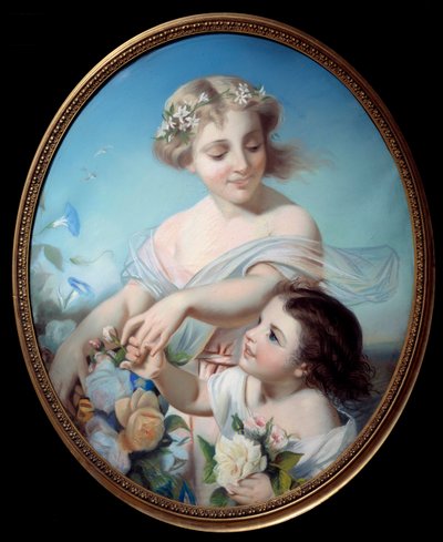 夏のアレゴリー 花束を持つ母と孫娘。匿名の絵画。18世紀 ルーアン、ミュゼ・デ・ボザール 作： Anonymous Anonymous