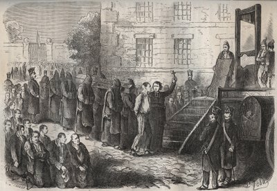 19世紀のトゥーロン・バグーンでの処刑。ピエール・ザッコーネ（1817-1895）の『Histoire des bagnes depuis leur création à nos jours』（1877年）に掲載されている版画（Colonia Penale - Penal colony）。個人蔵。 作： Anonymous Anonymous