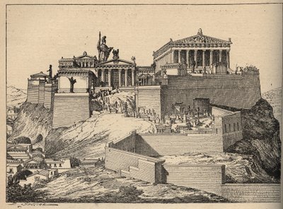 古代ギリシャ：アテネのアクロポリスの丘にあるアテナの神殿、パルテノン神殿（古代ギリシャ。アテネ、アクロポリス、パルテノン神殿 - 彫刻 1890年 作： Anonymous Anonymous