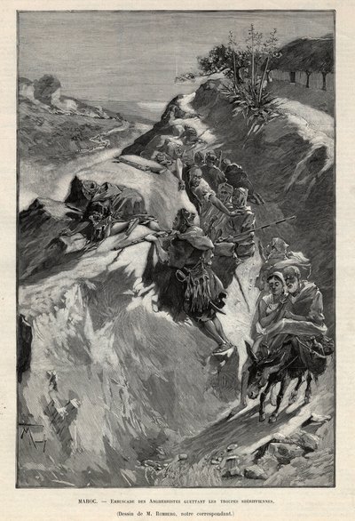 モロッコのアンジェラ山での反乱：シェリフフィアン軍を待つアンゲリストの待ち伏せ。1892年の "Le monde illustree "に掲載された版画。個人蔵。 作： Anonymous Anonymous